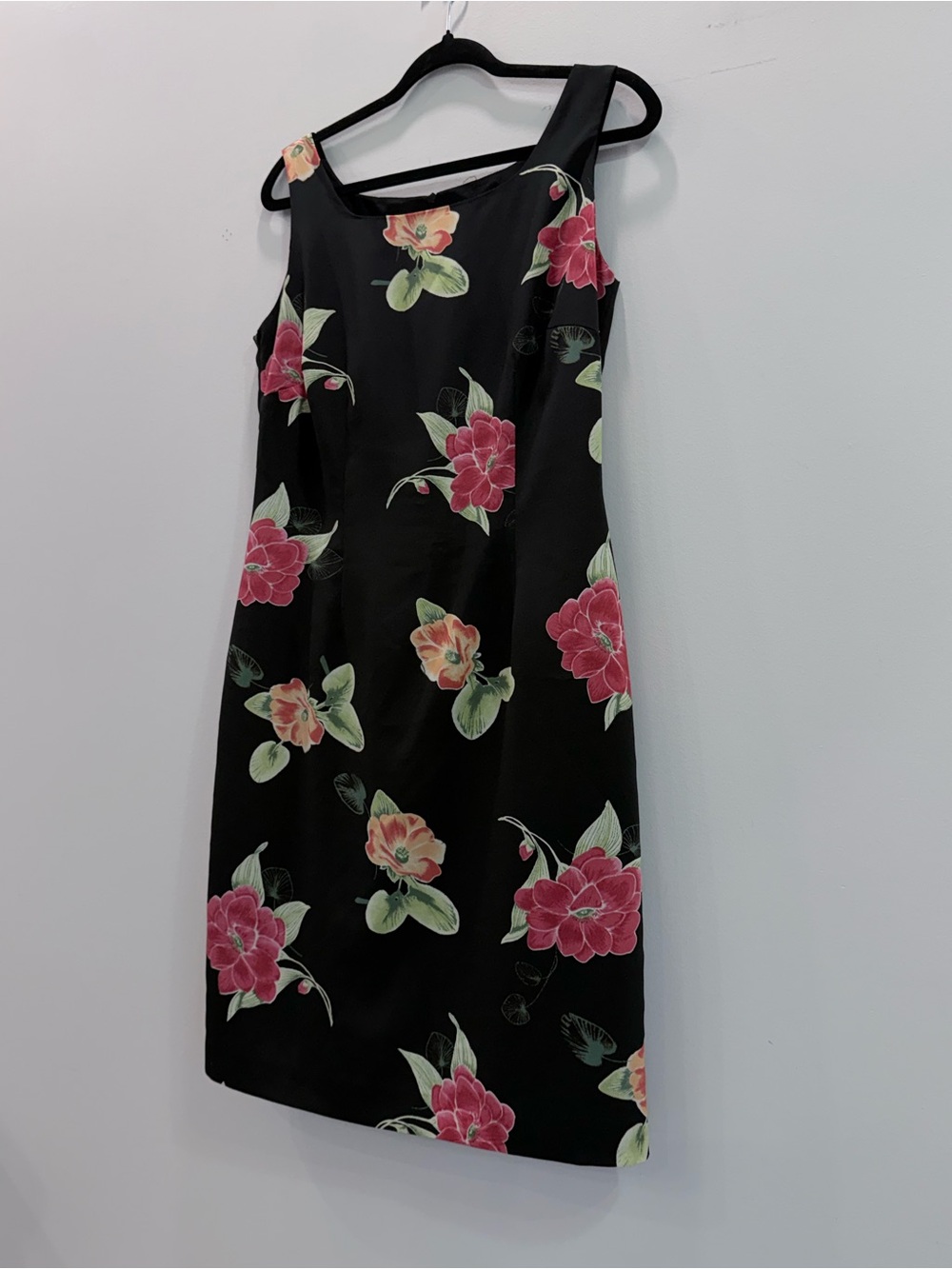 Black Floral Midi Dress with Pink Floral Print
